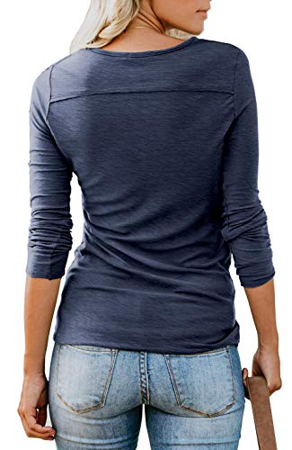 ANIXAY Long Sleeve Tee Shirts for Women Henley Shirt Y2K Tops V Neck Blouse VG Navy Blue L