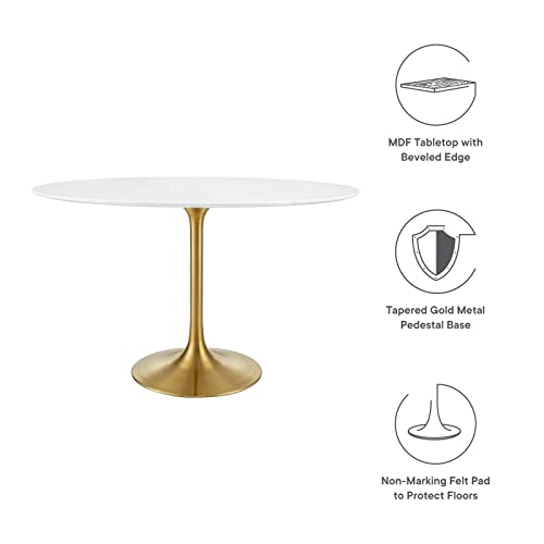 Modway Lippa 48" Oval-Shaped Mid-Century Modern Dining Table with White Wood Top and Gold Base