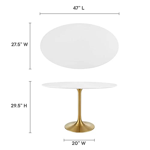 Modway Lippa 48" Oval-Shaped Mid-Century Modern Dining Table with White Wood Top and Gold Base