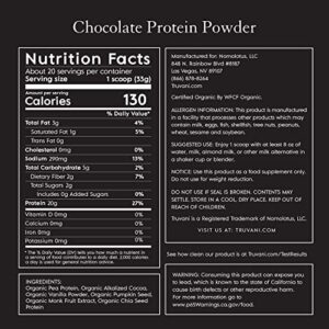 Truvani Organic Vegan Protein Powder Chocolate - 670g of Plant Based Protein, Organic Protein Powder, Pea Protein for Women and Men, Vegan, Non GMO, Gluten Free, Dairy Free