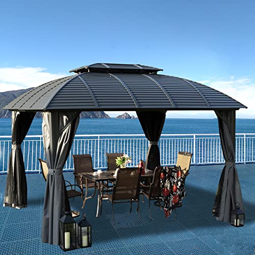 Kozyard 10ftx12ft Hardtop Aluminum Permanent Gazebo with a Mosquito Net Sidewall and Privacy Wall (Odyssey 10ftx12ft)