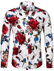 zeroyaa men's hipster retro rose floral printed casual slim fit long sleeve streth shirt zlcl04-101-white small