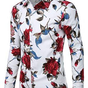 ZEROYAA Men's Hipster Retro Rose Floral Printed Casual Slim Fit Long Sleeve Streth Shirt ZLCL04-101-White Small