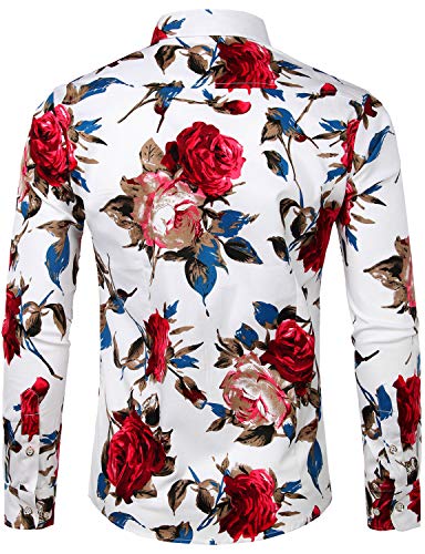 ZEROYAA Men's Hipster Retro Rose Floral Printed Casual Slim Fit Long Sleeve Streth Shirt ZLCL04-101-White Small