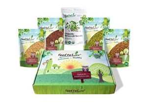 organic sprouting seeds in a gift box - a variety pack of broccoli seeds, alfalfa seeds, radish seeds, mung beans, clover seeds