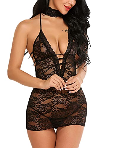 Avidlove Women Nightwear Lace Lingerie Halter Strap Chemise Floral Babydoll Sexy Nightie Dress Black M