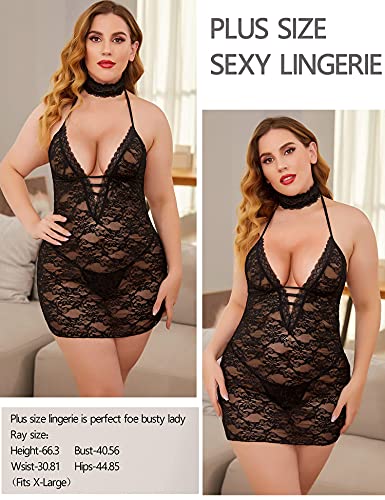 Avidlove Women Nightwear Lace Lingerie Halter Strap Chemise Floral Babydoll Sexy Nightie Dress Black M