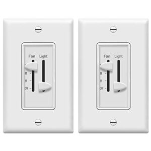 enerlites 3 speed ceiling fan control and dimmer light switch, 2.5a single pole light fan switch, 300w incandescent load, no neutral wire required, 17001-f3-w, white, 2 pack…