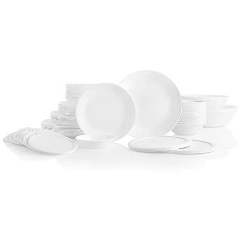 Corelle Vitrelle 78-Piece Service for 12 Dinnerware Set, Triple Layer Glass and Chip Resistant, Lightweight Round Plates and Bowls Set, Winter Frost White