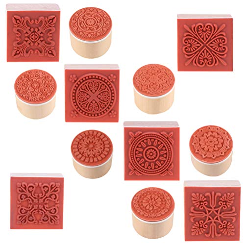 Aulufft 12 Pieces Wooden Stamps Floral Pattern Circles and Squares Decorative Rubber Wooden Stamps for DIY Craft Card and Scrapbooking