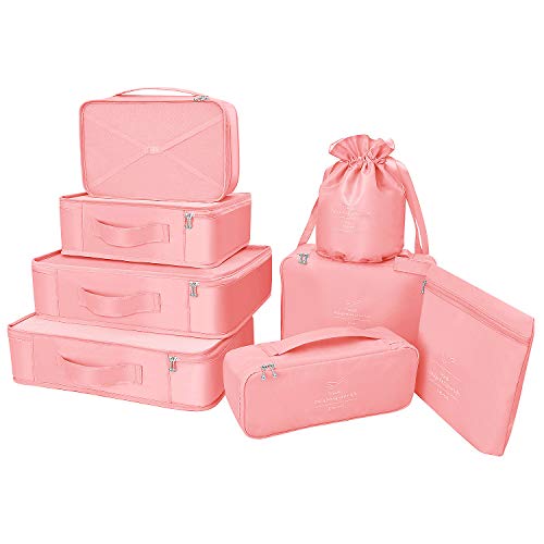 Packing Cubes 8 Sets Travel Luggage Organizers Include Waterproof Shoe Storage Bag Convenient Packing Pouches for Traveller (Pink)