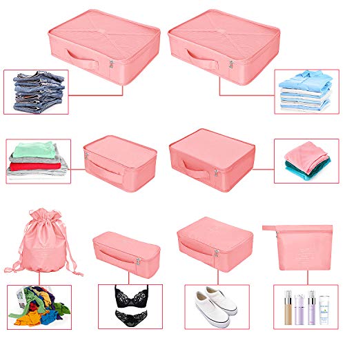 Packing Cubes 8 Sets Travel Luggage Organizers Include Waterproof Shoe Storage Bag Convenient Packing Pouches for Traveller (Pink)