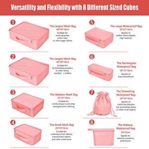 Packing Cubes 8 Sets Travel Luggage Organizers Include Waterproof Shoe Storage Bag Convenient Packing Pouches for Traveller (Pink)