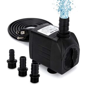 growneer 550gph submersible pump 30w ultra quiet fountain water pump, 2000l/h, with 7.2ft high lift, 3 nozzles for aquarium, fish tank, pond, hydroponics, statuary black