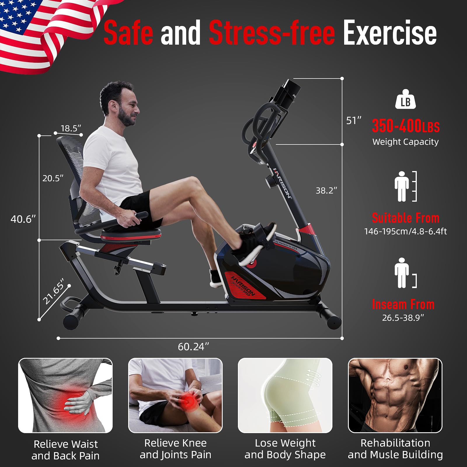 HARISON Recumbent Exercise Bike with Arm Exerciser, Recumbent bikes for Adult Seniors, Recumbent Exercise bike for Home 400 lbs Capacity