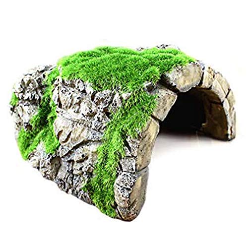 SunGrow Gecko & Ball Python Rock Cave, for Betta Fish, Hermit Crab, Shrimp, Tank Decor Ornaments, House Aquarium Hideout Décor for Aquatic Frog Pets, Resin Hideaway with Artificial Moss