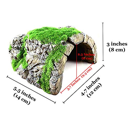 SunGrow Gecko & Ball Python Rock Cave, for Betta Fish, Hermit Crab, Shrimp, Tank Decor Ornaments, House Aquarium Hideout Décor for Aquatic Frog Pets, Resin Hideaway with Artificial Moss