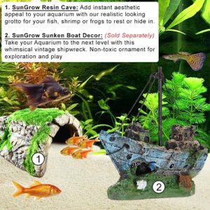 SunGrow Gecko & Ball Python Rock Cave, for Betta Fish, Hermit Crab, Shrimp, Tank Decor Ornaments, House Aquarium Hideout Décor for Aquatic Frog Pets, Resin Hideaway with Artificial Moss