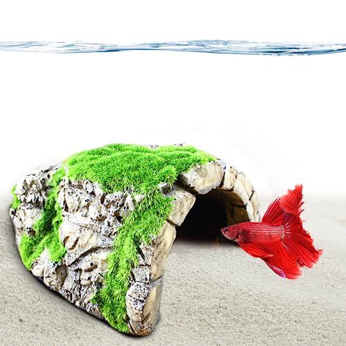 SunGrow Gecko & Ball Python Rock Cave, for Betta Fish, Hermit Crab, Shrimp, Tank Decor Ornaments, House Aquarium Hideout Décor for Aquatic Frog Pets, Resin Hideaway with Artificial Moss