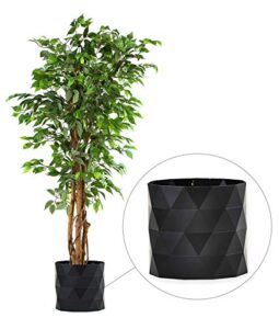 deluxe 6 feet tall ficus silk leaf artificial tree + 8" base + 12" plant pot skirt. 18 feet of vine adorn wide real trunks with green leaves allowing maintenance free in-door and outdoor use