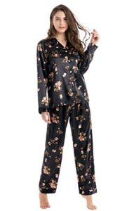 tony & candice women's classic satin pajama set sleepwear loungewear (black with flower pattern, small)