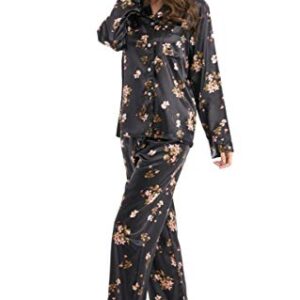 Tony & Candice Women's Classic Satin Pajama Set Sleepwear Loungewear (Black with Flower Pattern, Small)