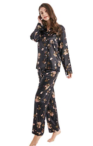 Tony & Candice Women's Classic Satin Pajama Set Sleepwear Loungewear (Black with Flower Pattern, Small)