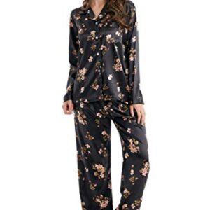 Tony & Candice Women's Classic Satin Pajama Set Sleepwear Loungewear (Black with Flower Pattern, Small)