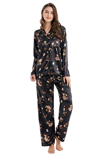 Tony & Candice Women's Classic Satin Pajama Set Sleepwear Loungewear (Black with Flower Pattern, Small)