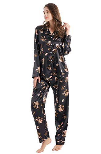 Tony & Candice Women's Classic Satin Pajama Set Sleepwear Loungewear (Black with Flower Pattern, Small)