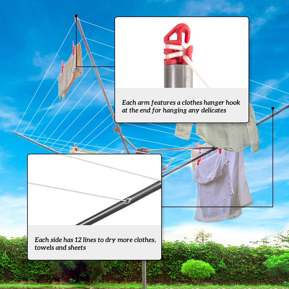 STORAGE MANIAC Outdoor Umbrella Drying Rack, 12 Lines with 164 Feet Drying Space, Steel Frame & Adjustable Height, 4-arm Umbrella Clothesline for Laundry, Collapsible Clothes Drying Rack for Backyard