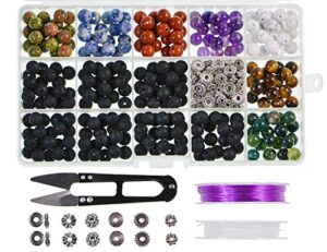 natural stone beads box set kits 8mm round loose gemstone natural amethyst lave stone assorted color with accessories tools for bracelet jewelry making (100% natural stone beads kit 1)