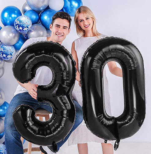 AULE 40 Inch Jumbo Black Foil Mylar Number Balloons for Men Women 30th Birthday Party Decorations 30 Years Old Anniversary Party Supplies