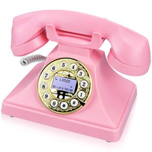 pink retro landline phone for home, irisvo vintage phone old fashioned classic desk telephone with lcd screen display and redial,speaker, push button dialing with a rotary look (pink)