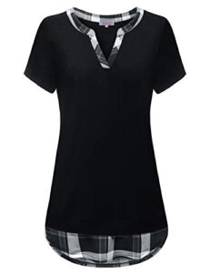 tunic shirts for women short sleeve,flattering contrast check v neck blouse modest youth henley tops hi-low hem casual business work flowy shirts wear with leggings pullover tunic black large