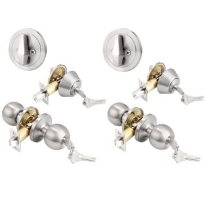 probrico satin nickel entry door knob and single cylinder deadbolt combo pack, keyed alike lock set handleset exterior hardware(for entry and front door),2 set