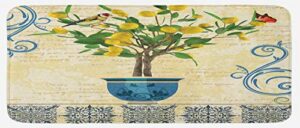 ambesonne vintage kitchen mat, retro style lemon tree in the pot with realistic detailed sparrow and butterfly, plush decorative kithcen mat with non slip backing, 47" x 19", yellow blue