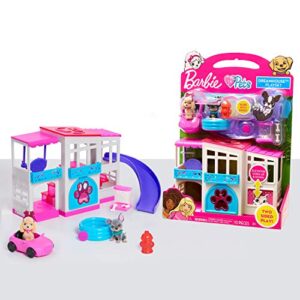 barbie pet dreamhouse 2-sided playset, 10-pieces include pets and accessories, kids toys for ages 3 up by just play