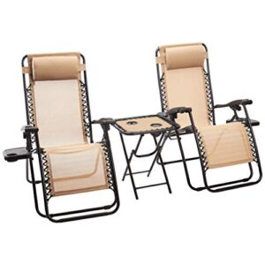 amazon basics zero gravity chair with side table, set of 2, relaxing, cup holders,arm rest,foldable, alloy steel, beige