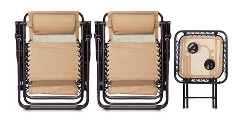 Amazon Basics Zero Gravity Chair with Side Table, Set of 2, Relaxing, Cup Holders,Arm Rest,Foldable, Alloy Steel, Beige