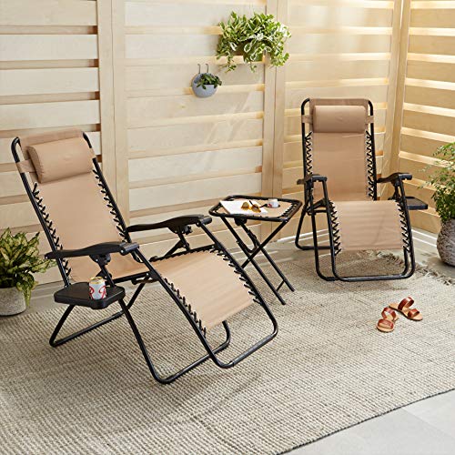 Amazon Basics Zero Gravity Chair with Side Table, Set of 2, Relaxing, Cup Holders,Arm Rest,Foldable, Alloy Steel, Beige