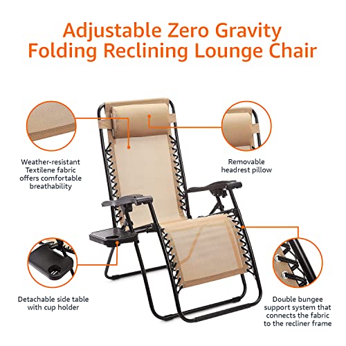 Amazon Basics Zero Gravity Chair with Side Table, Set of 2, Relaxing, Cup Holders,Arm Rest,Foldable, Alloy Steel, Beige