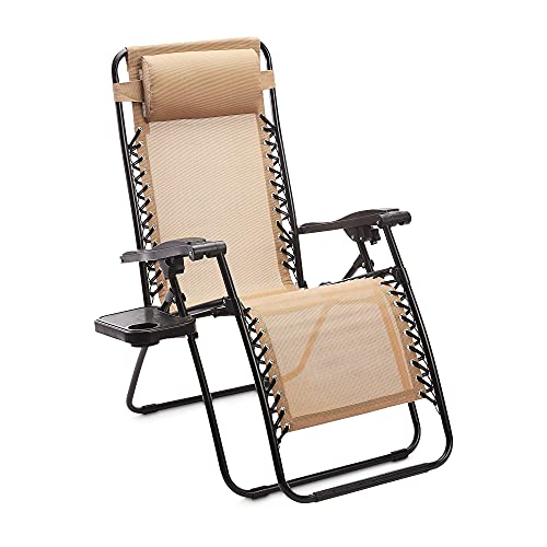 Amazon Basics Zero Gravity Chair with Side Table, Set of 2, Relaxing, Cup Holders,Arm Rest,Foldable, Alloy Steel, Beige