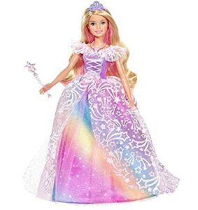 barbie dreamtopia royal ball princess doll, blonde wearing glittery rainbow ball gown, with brush and 5 accessories, gift for 3 to 7 year olds