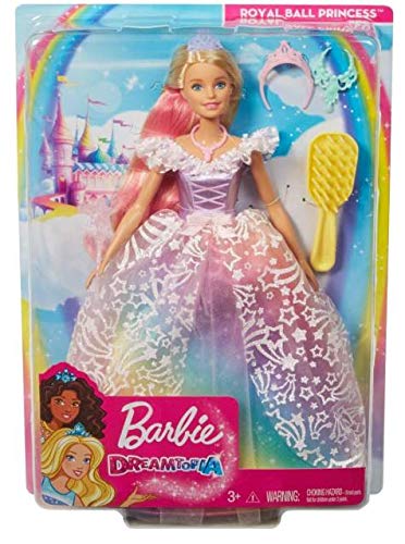 Barbie Dreamtopia Royal Ball Princess Doll, Blonde Wearing Glittery Rainbow Ball Gown, with Brush and 5 Accessories, Gift for 3 to 7 Year Olds