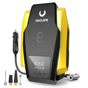 vaclife tire inflator portable air compressor - air pump for car tires (up to 50 psi), 12v dc tire pump for bikes (up to 150 psi) w/ led light, digital pressure gauge, model: atj-1166, yellow (vl701)
