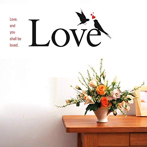 BIBITIME Love and You Shall be Loved Quotes Stickers Couple Birds Kissing Red Hearts Wall Decal Vinyl Sticker for Living Room Couple Bedroom Girlfriend Room Decor