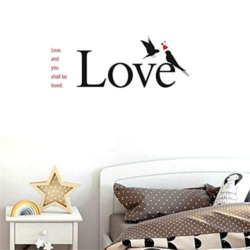 BIBITIME Love and You Shall be Loved Quotes Stickers Couple Birds Kissing Red Hearts Wall Decal Vinyl Sticker for Living Room Couple Bedroom Girlfriend Room Decor