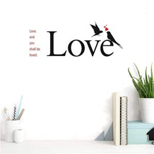 BIBITIME Love and You Shall be Loved Quotes Stickers Couple Birds Kissing Red Hearts Wall Decal Vinyl Sticker for Living Room Couple Bedroom Girlfriend Room Decor