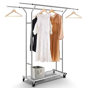 simple trending double rail clothing garment rack, heavy duty commercial grade rolling clothes organizer with wheels and bottom shelves, holds up to 250 lbs, chrome